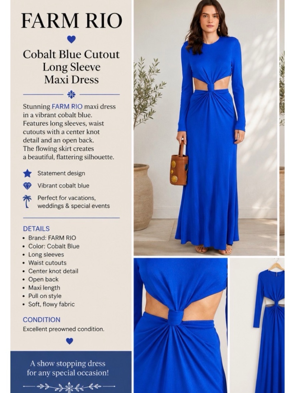 FARM RIO Vibrant Cobalt Blue Long‑Sleeve Cutout Maxi Dress